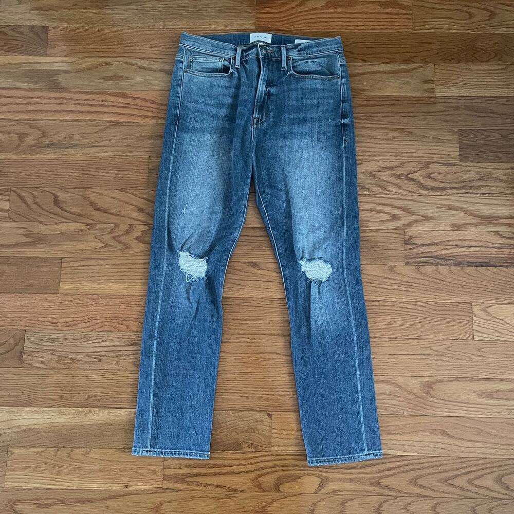 FRAME Le Beau Cleo Rips Distressed Slim Boyfriend Ankle Straight Jeans Womens 27